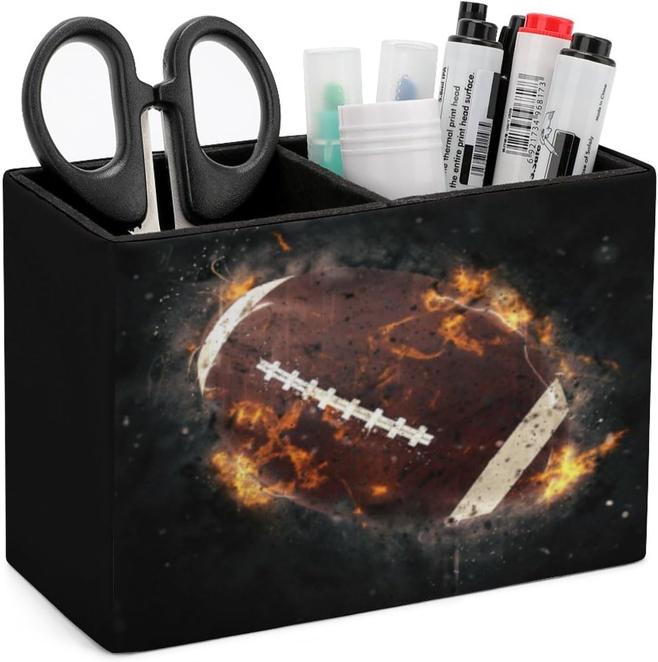 Pen Holder, Pencil Holder for Desk Organizer, America Football Fire PU Leather Pencil Cups Desktop Stationery Storage Makeup Brush Holder Pen Organizer for Office Home