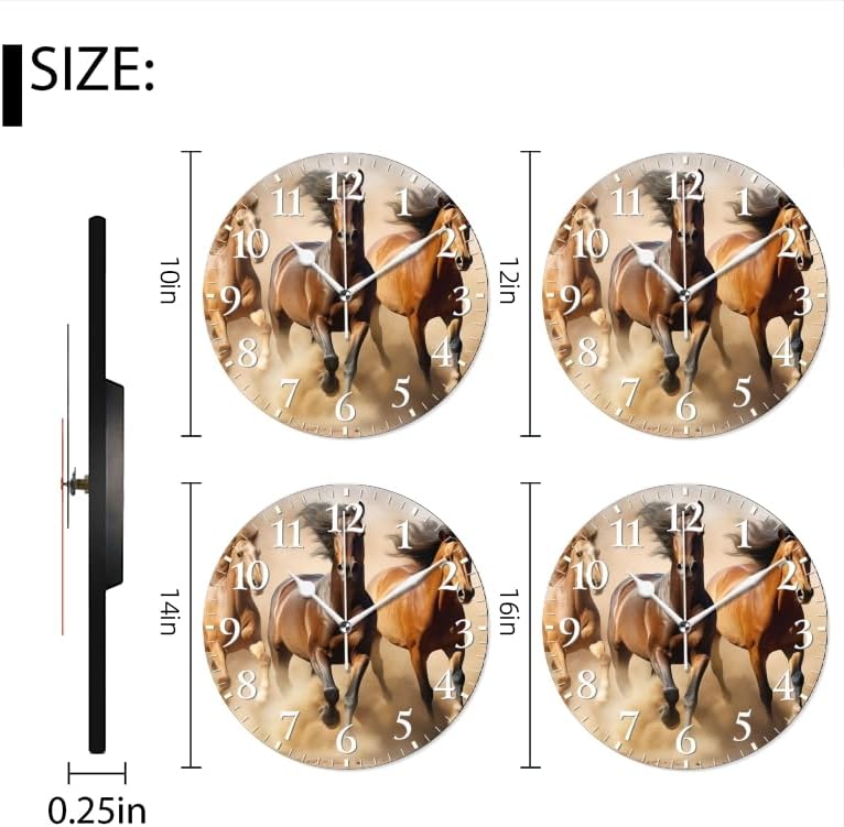Horses Wall Clock Non-Ticking Silent Clocks Battery Operated Analog Decor Clock for Home-Horses Running Through The Desert Dust Flying(10inch)