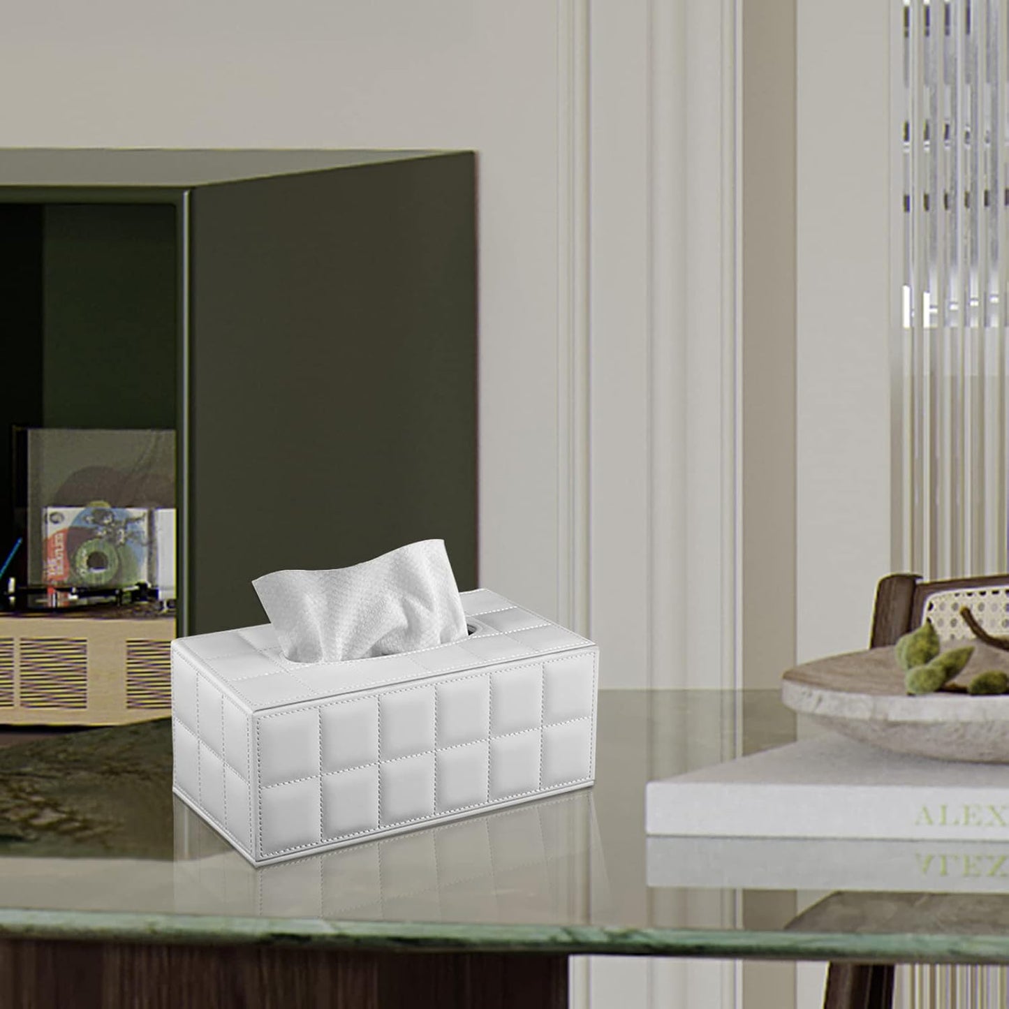 Tissue Box Cover Rectangle Tissue Box Holder PU Leather Facial Organizer with Magnetic Bottom,Decorative Napkin Caddy for Vanity Dresser Night Stand Table Countertop Home Office Car,White