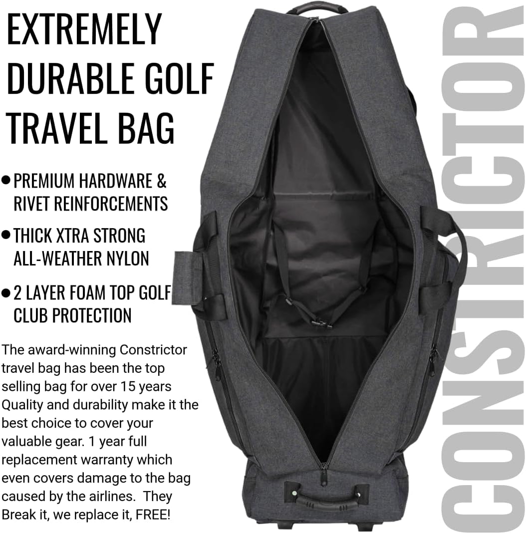 CaddyDaddy Constrictor Soft-Sided Golf Travel Bag Cover with Thick Dense Foam Padded Top 1 Year Full Travel Bag Replacement Coverage | Wheels & Lockable Zippers Case for Transporting Clubs on Airlines