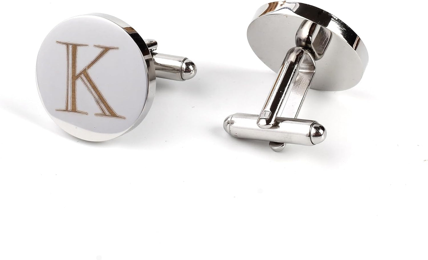 Mens Initial Silver Cufflinks A-Z Alphabet Letter Steel Cuff Links with Engraved Walnut Wood Box Groom Groomsman Wedding Set…