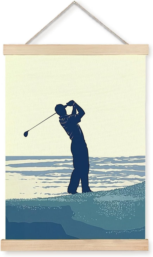 bitCNY Golf Swing Wall Art Print, Coastal Sport Silhouette Canvas Poster with Wooden Frame, Beach Style Hanging Decor for Office, Study, or Man Cave