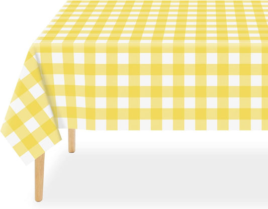 QIKSION Yellow Gingham Tablecloth Disposable 3 Pack, 54 x 108 Inch Yellow and White Checkered Table Cloth for Rectangle Tables, Plastic Table Cover