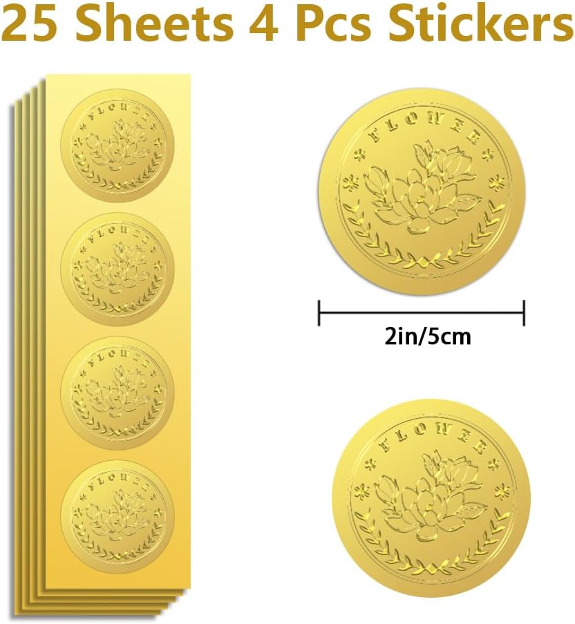 Peacoblue Gold Foil Stickers Seals Embossed 2 Inch 100Pcs Magnolia, Self Adhesive Gold Around Embossing Sticker for Certificate Paper Envelope Seal Gift Card Present Decoration