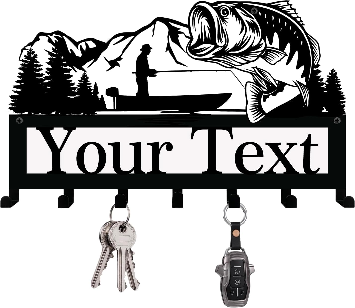 NIWAHO Personalized Family Name Metal Wall Sign with Hooks – Bass Fishing Key Rack Holder Wall Mount Customized Name for Entryway, Mudroom, Kitchen, or Bathroom Decor