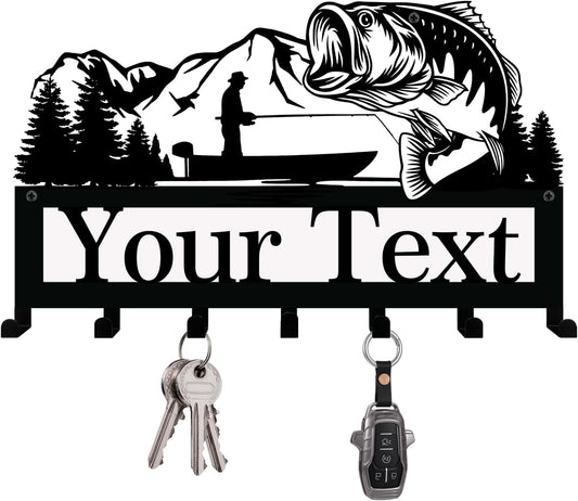 NIWAHO Personalized Family Name Metal Wall Sign with Hooks – Bass Fishing Key Rack Holder Wall Mount Customized Name for Entryway, Mudroom, Kitchen, or Bathroom Decor