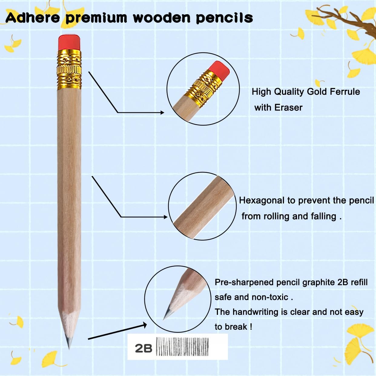 Adhere 50pcs Golf Pencils with Eraser Hexagon Wooden half Pencils Graphite 2B for Golf Event Scoring, Classroom, Wedding, Pew, Pocket | Free Pencil Sharpener (z-Nature・Hexagon・50pcs)