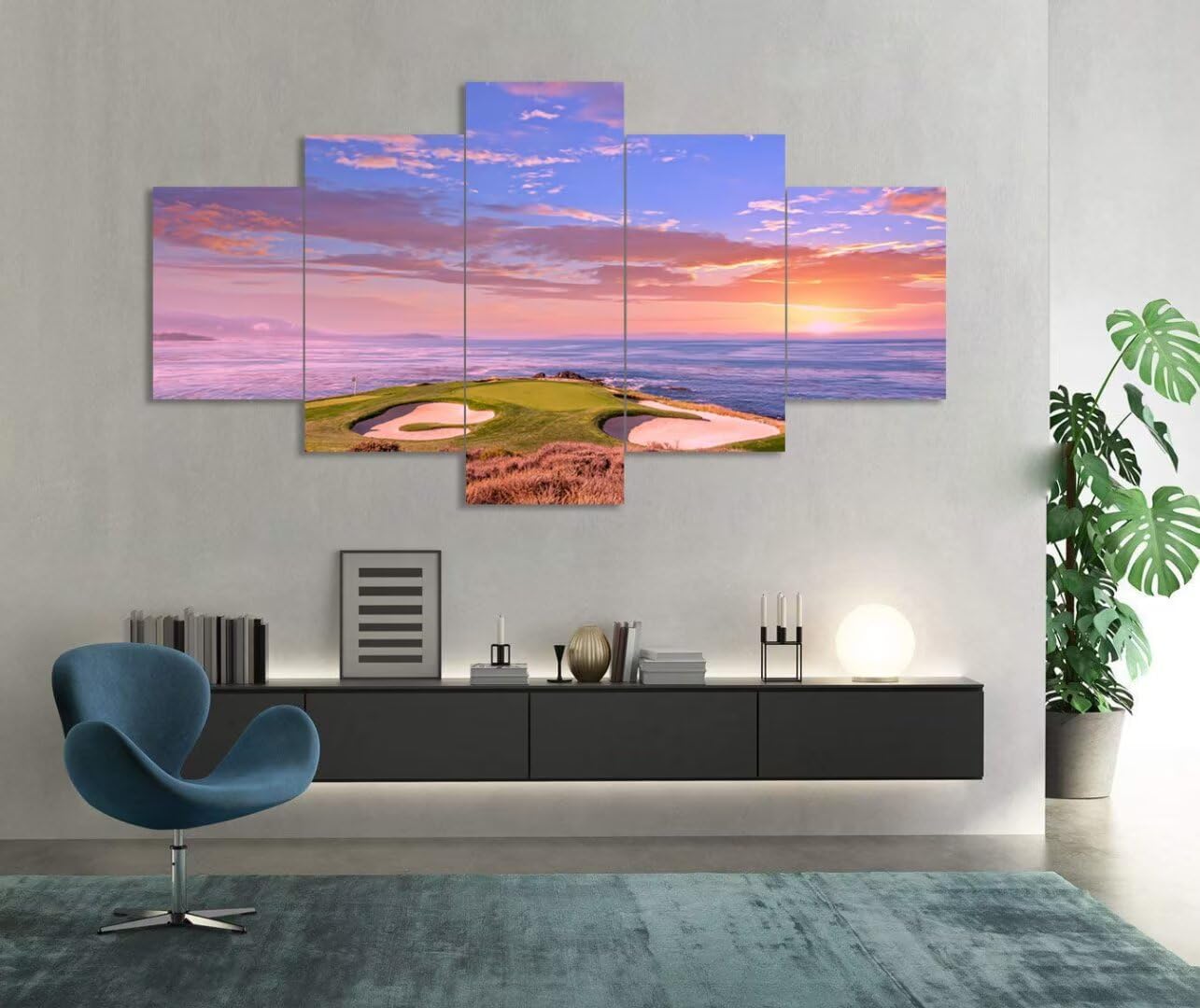 chenchenArt Pebble Beach Golf Course Hole 7 Wall Art for Living Room Bedroom Bathroom Home Decorations Monterey California USA Golf Course Pictures Canvas Prints Framed Ready to Hang(60''W x 40''H)