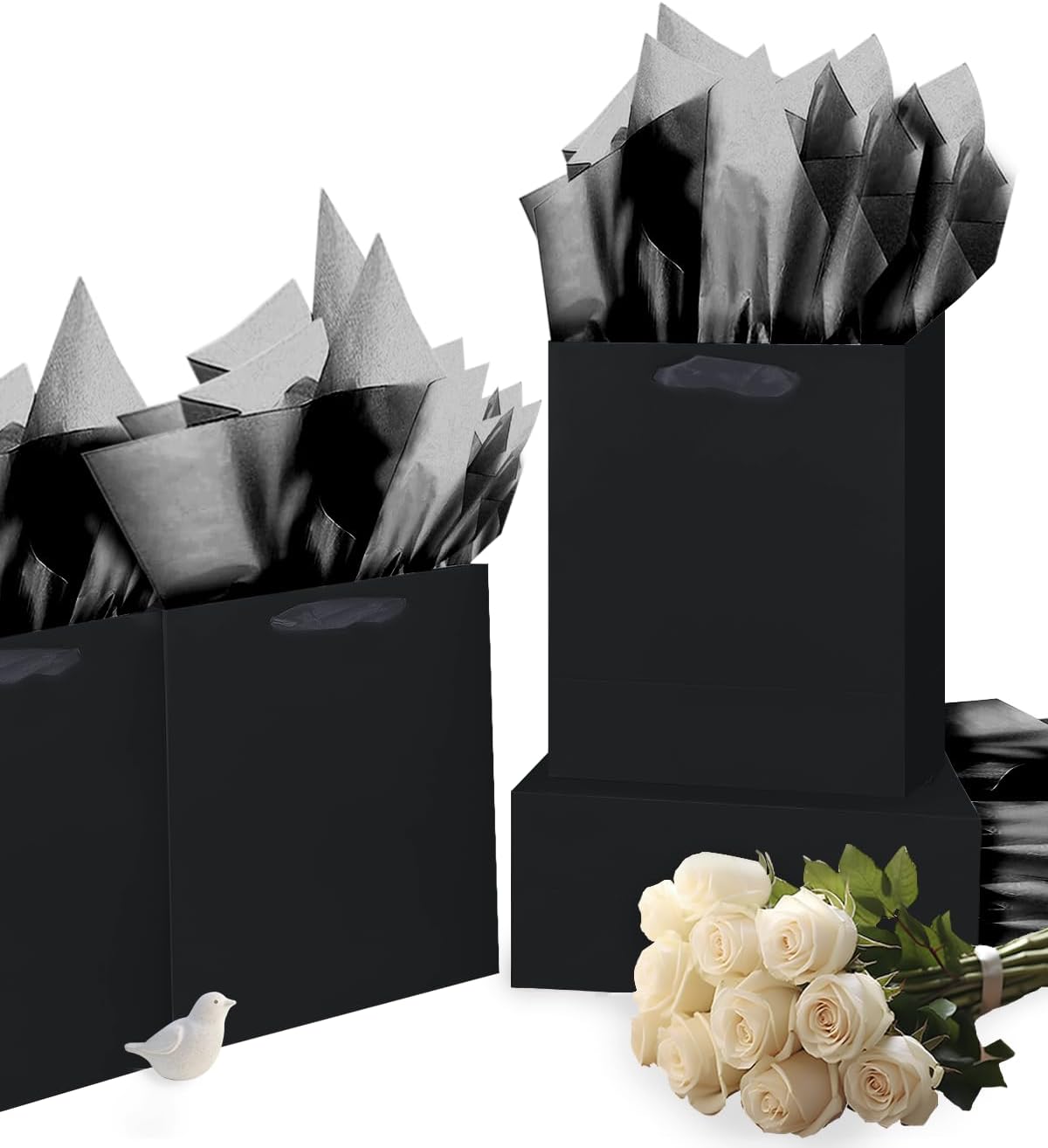Gcardist Black Gift Bags with Tissue Paper for Wedding, Birthday, Party Supplies - 7.9"x4.3"x9.6" Medium Size Cardboard Gift Bags (16pcs + 32pcs Tissue Paper)