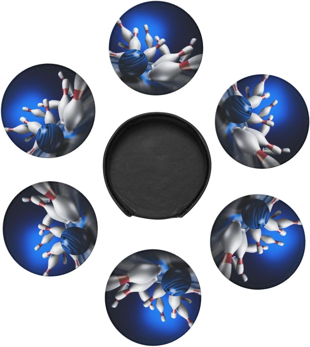 Fun Bowling Ball Sport Coasters for Drinks Round Leather Coaster with Holder Set of 6 for Tabletop Protection Desk Accessories Office Home Room Decor