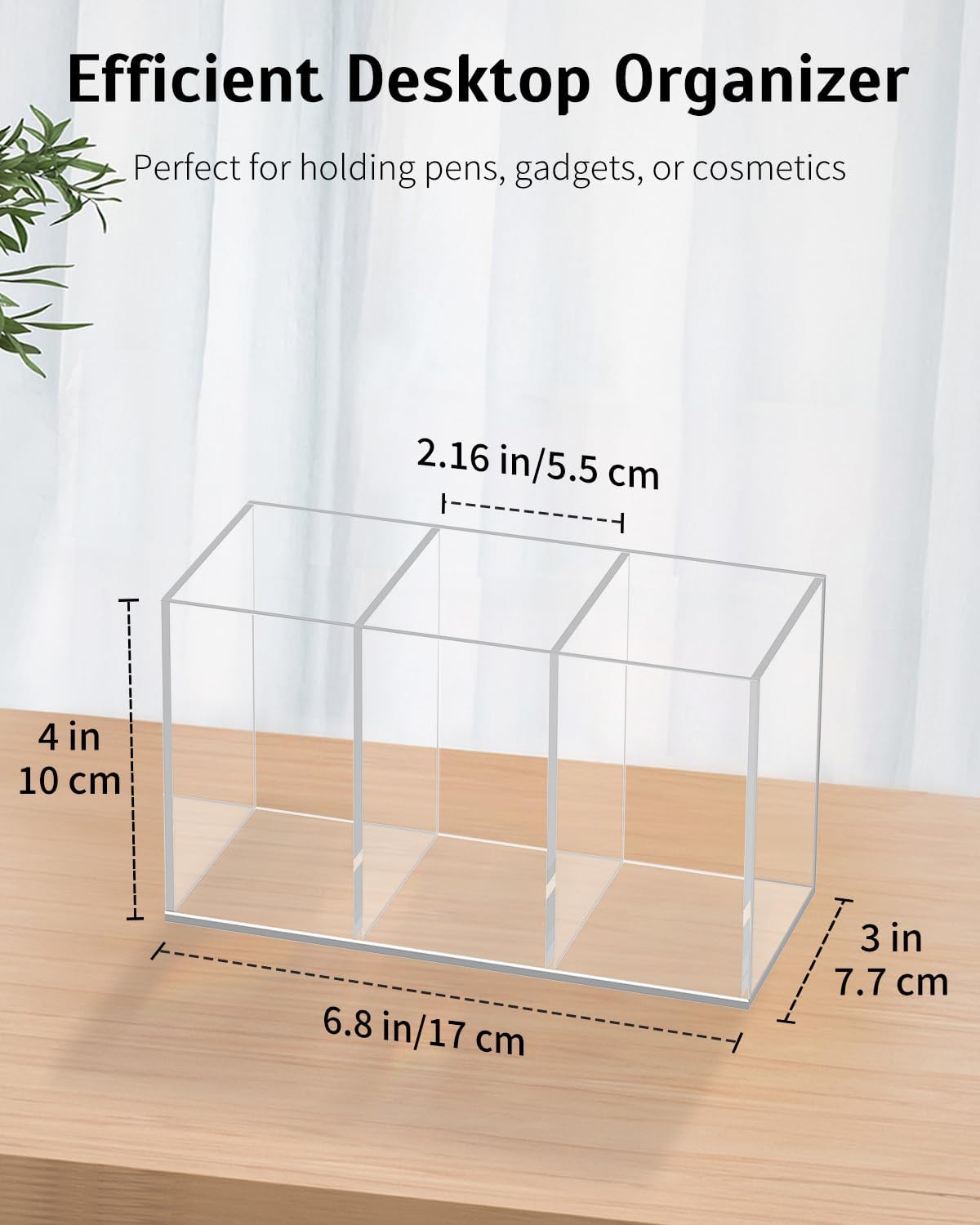 Uniclife Clear Acrylic Pen Holder for Desk, Plastic Pencil Holder Pen Organizer with 3 Compartments, Desktop Stationery Organizer for Office Home School, Vertical Makeup Brush Holder, 6.8" x 3" x 4"