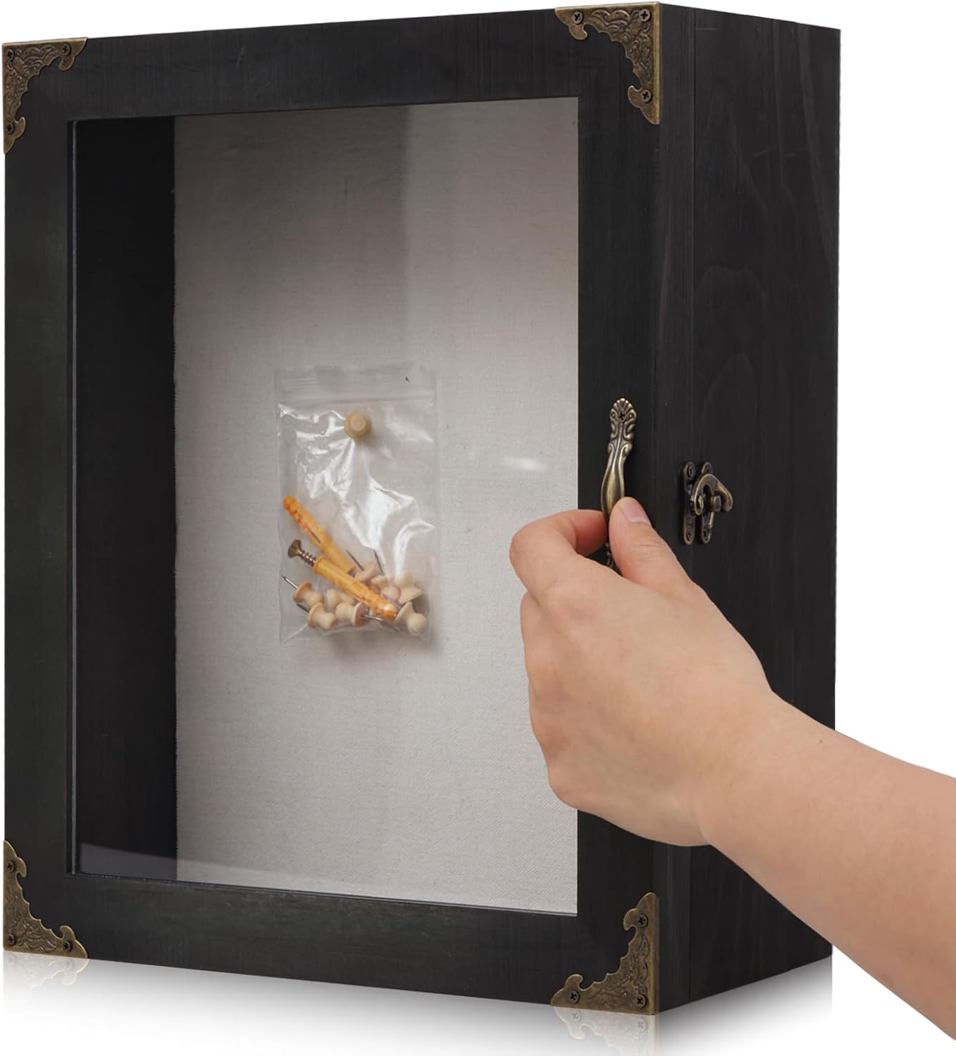 Shadow Box Frame 11x13, Depth 5in Shadow Boxes Display Cases, Acrylic Door, Rustic Burnt Wood, Vintage Metal Accents, Hinged Door, Metal Handle and Latch, Linen Back