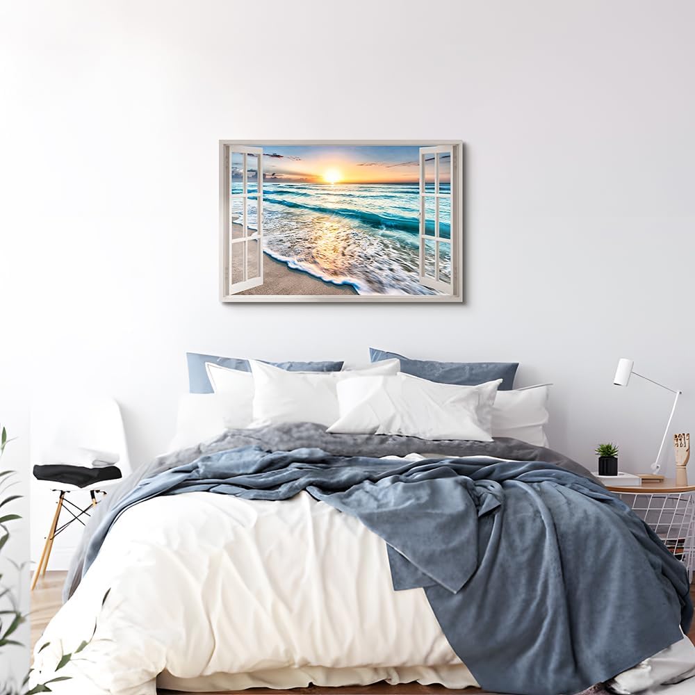 beach canvas window wall art: beach picture coastal artwork seascape ocean scene prints - looking out fake window wall decor for bedroom 36"x24"