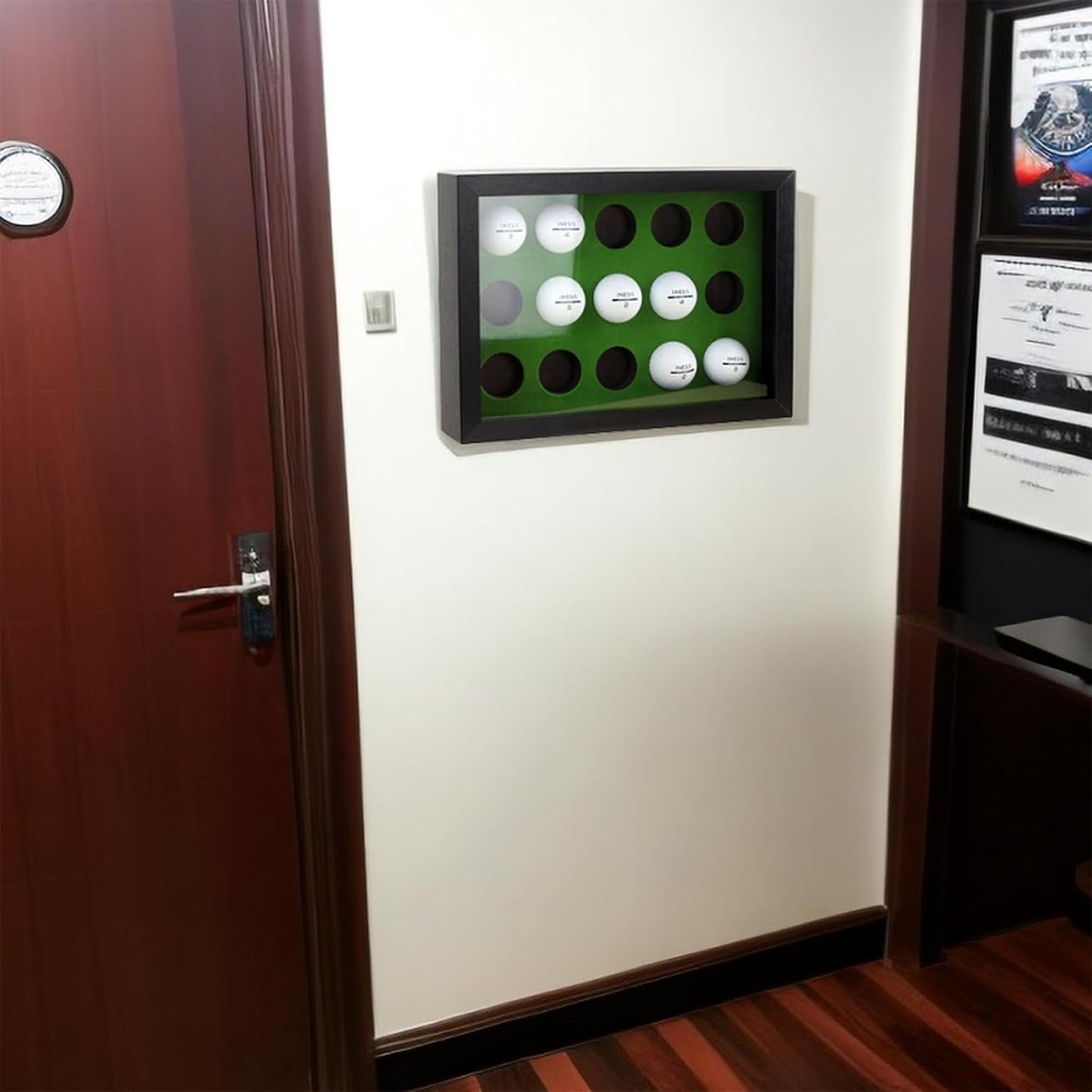 Golf Balls Display Case for 15 Balls, Wooden Case with Acrylic Dust UV Cover, Wall Mount and Freestanding Shadow Box for Glofball Collector Green