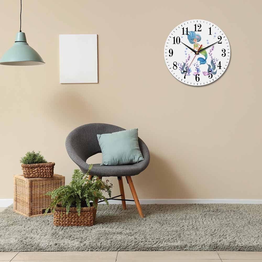Mxocom Mermaid Wall Clock Watercolor Cartoon Mermaid Tail and Floral 10 Inch Silent Non Ticking Battery Operated Clock Vintage Round Clock for Living Room Bedroom Bathroom Office Decor