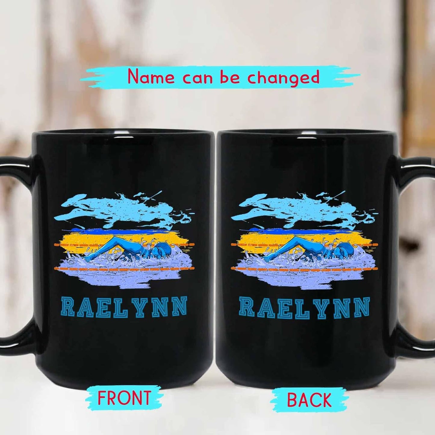 Personalized Black Ceramic Swimming Mug - Customized Travel Coffee Cup With Choose Name, 11 Oz or 15 Oz - Novelty Sports Gifts for Swimmers and Swimming Lovers