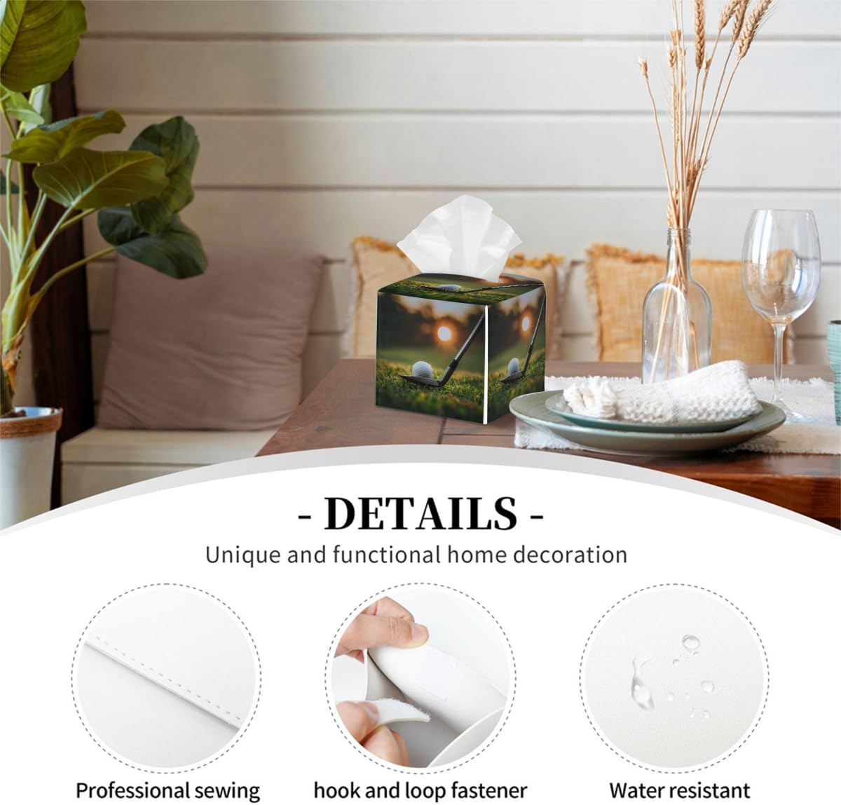 Sports Golf Theme Tissue Box Cover Square, PU Leather Facial Tissue Cube Box Holder, Modern Tissue Case Dispenser for Bedroom Tabletop Vanity Countertop