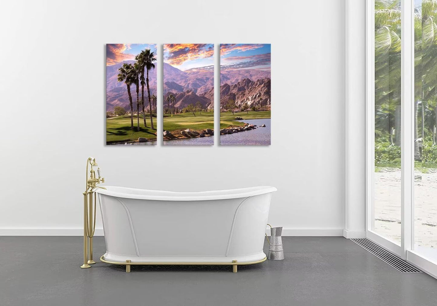 chenchenArt Golf Course at Sunset in Palm Wall Art Pictures Golf Course Wall Decor for Living Room Bedroom Home Decorations Canvas Prints Modern Artwork Framed Ready to Hang(14''W x 28''H x3)