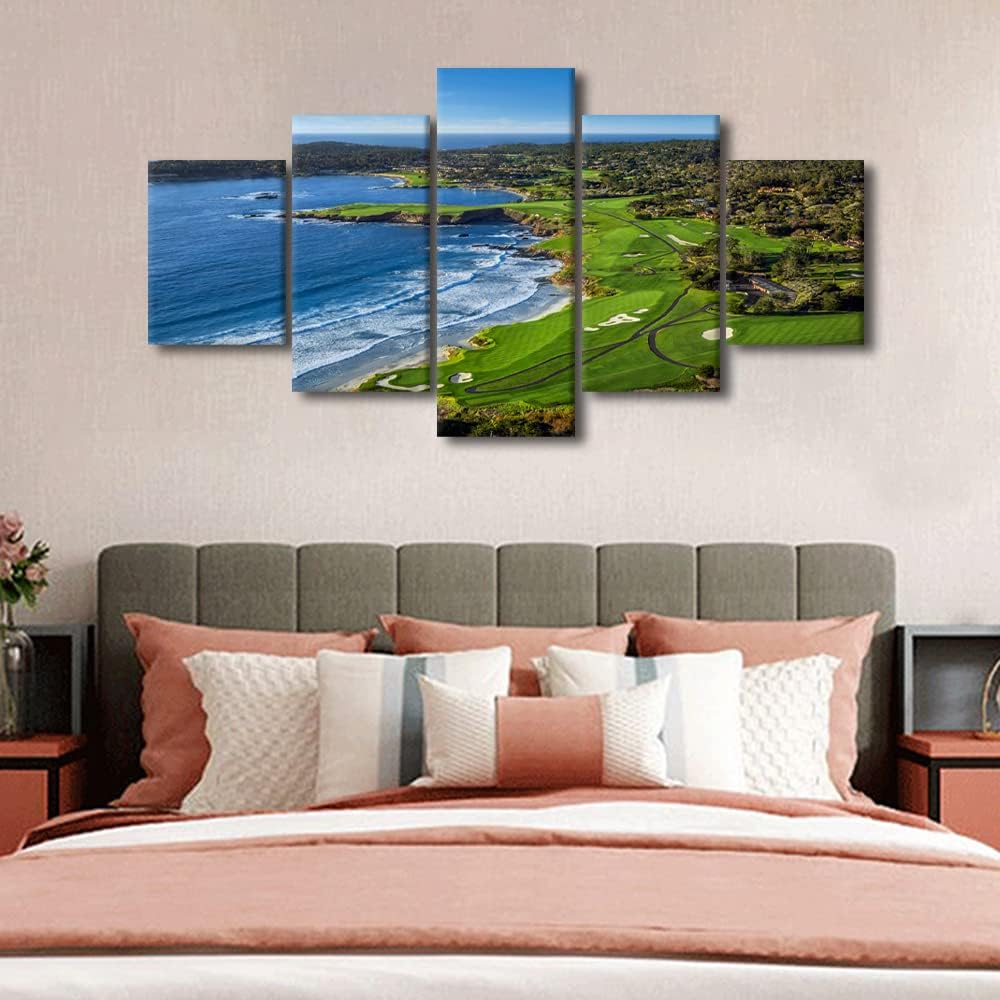 Pebble Beach Golf Course Canvas Print Pictures Framed Modern Modern Paintings on Canvas Posters and Prints Wall Art for Living Room Bedroom Home Decor Gallery-wrapped Art 5 Pieces Set (60" W x 32" H)