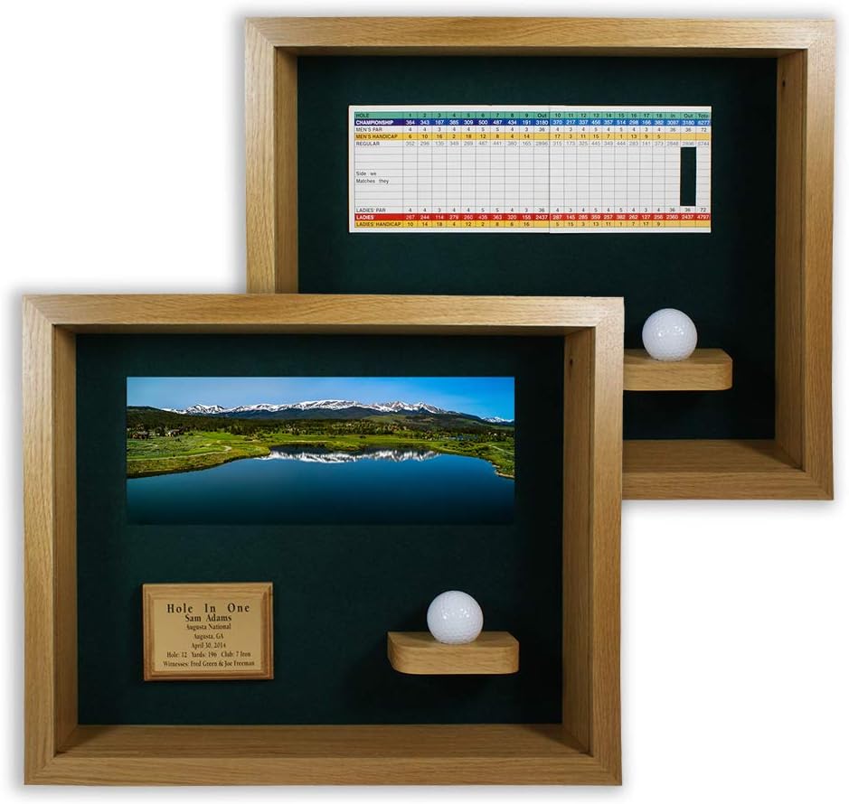 Hole in One Shadowbox and Golf Ball Display Case | Personalized Engraved Plate | Holds Golf Ball and Scorecard or Photo | Horizontal Layout | Oak Finish | Wall Mounted