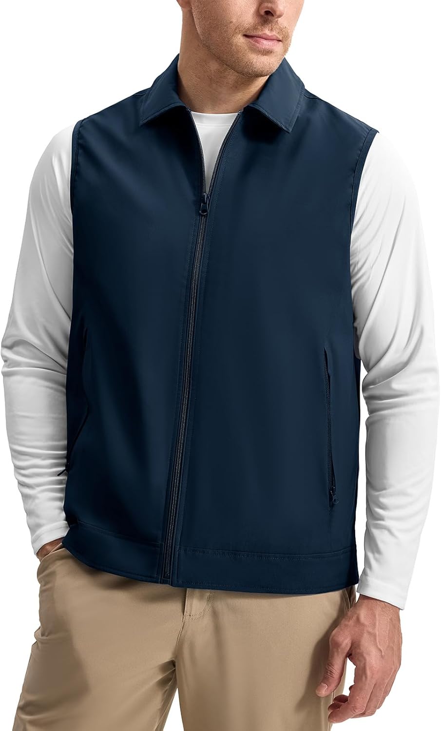 Rdruko Men's Golf Vest Lightweight Outerwear Windproof Water Resistant Grid Lining Vest with Zipper Pockets for Casual