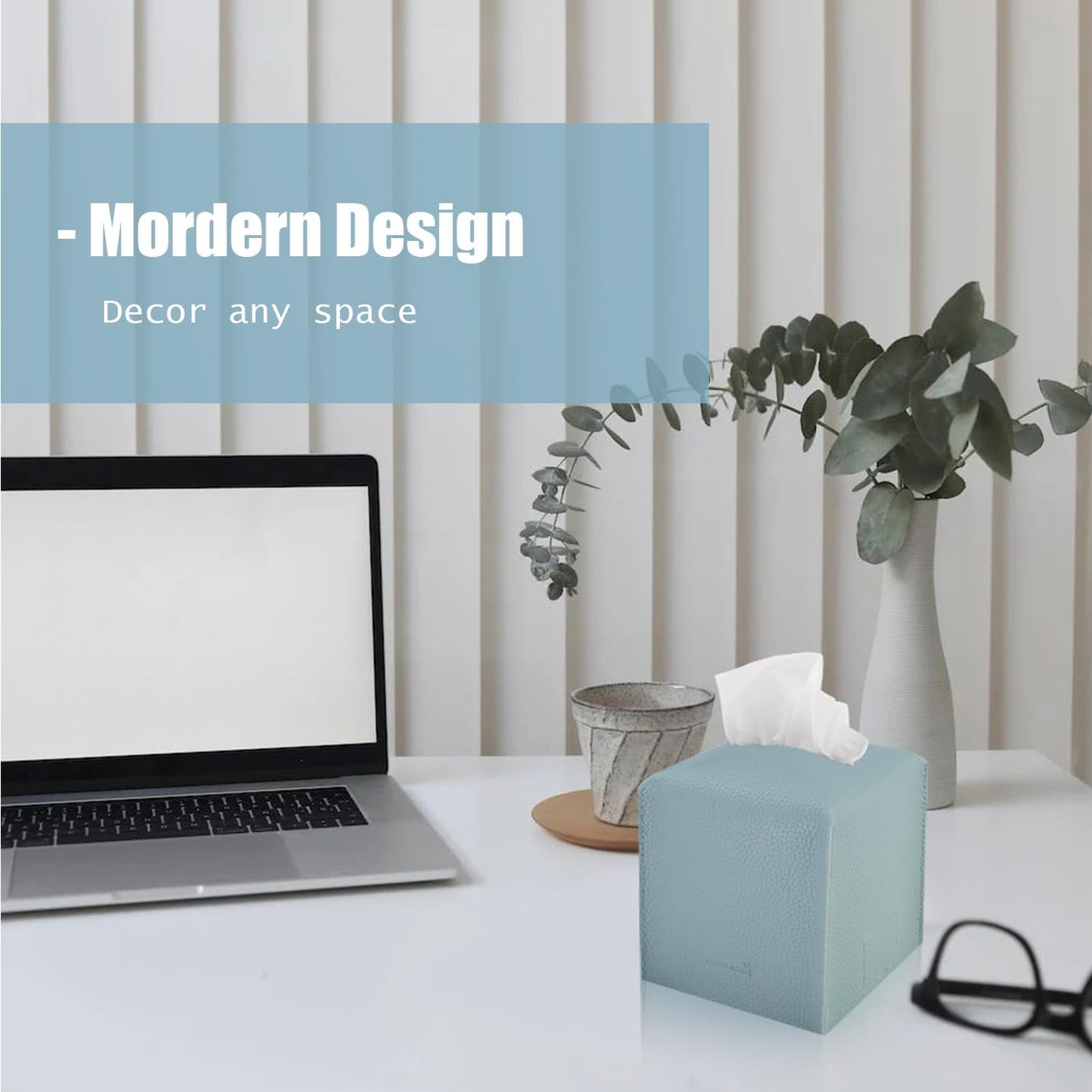 Tissue Box Cover 5X5X5'' PU Leather Tissue Holder Square Tissue Cube Box Organizer for Bathroom Vanity Countertop, Car, Night Stands, Office, Home, Kitchen (2Pack, Light Blue)