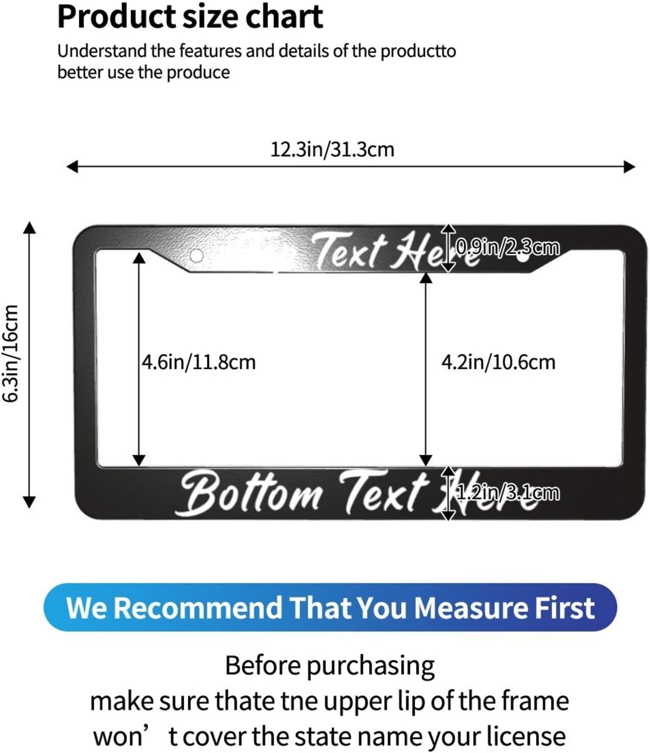 2 Pack Custom Personalized License Plate Frame Customized Car Tag Frames for Women Men with Screw Caps,12"x6",2 Holes