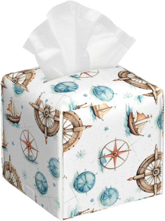 Tissue Box Cover Nautical Ocean Anchor Compass Ship Square PU Leather Tissue Box Holder for Car Bathroom Bedroom Desk Tabletop Decor
