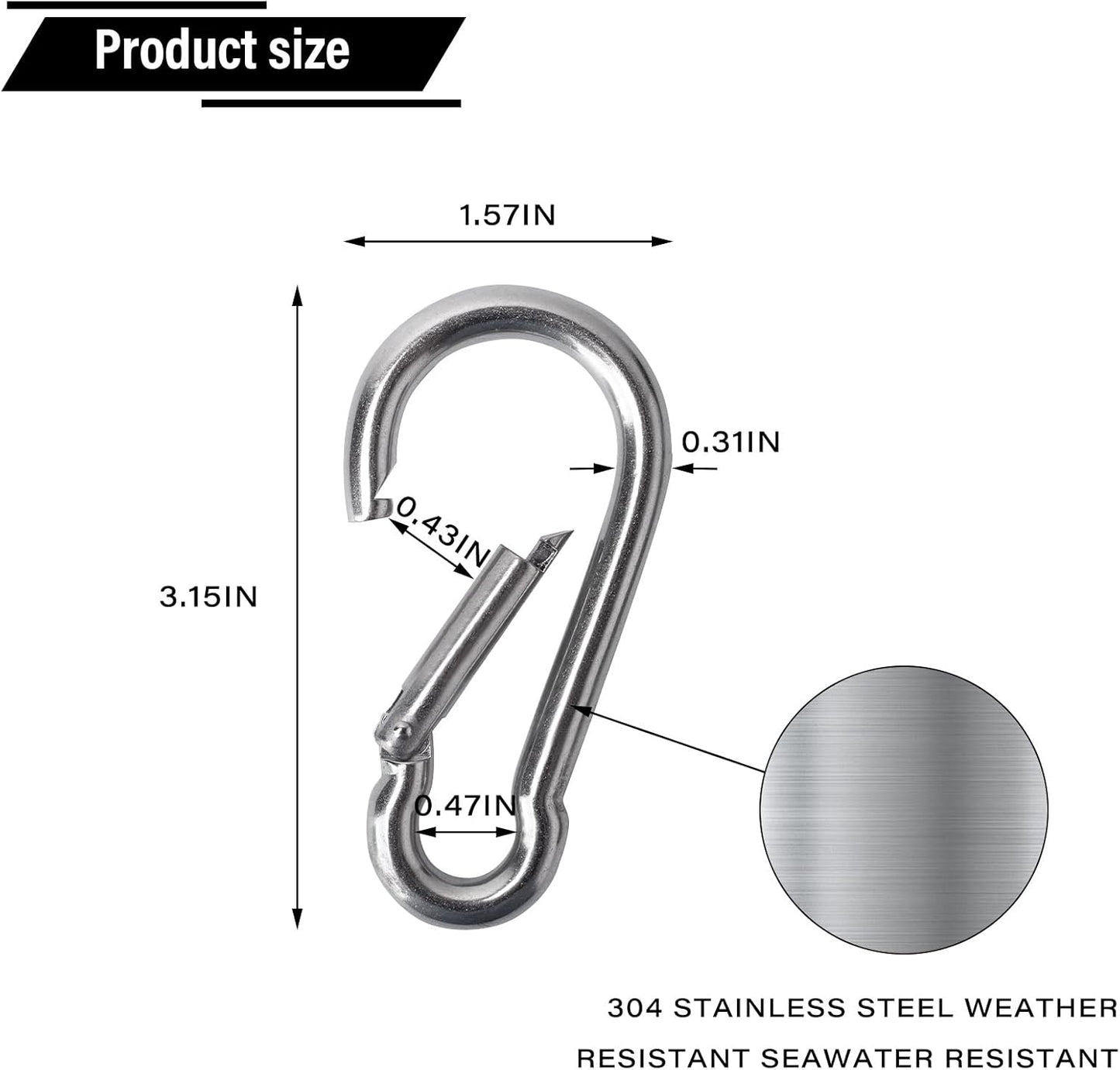 Large Spring Snap Hook Carabiner, 304 Stainless Steel Heavy Duty Carabiners Clip, Stainless Steel Spring Snaps Hooks Carabiners Outdoor