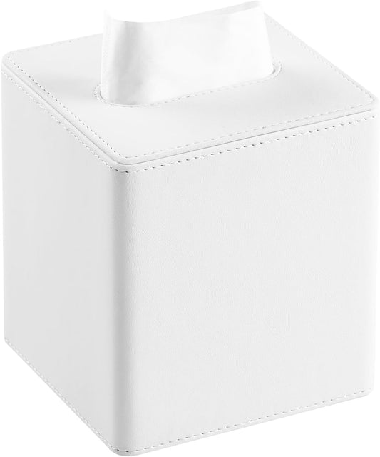 PU Leather Tissue Box Cover Square Tissue Box Holder with Magnetic Closure (White)