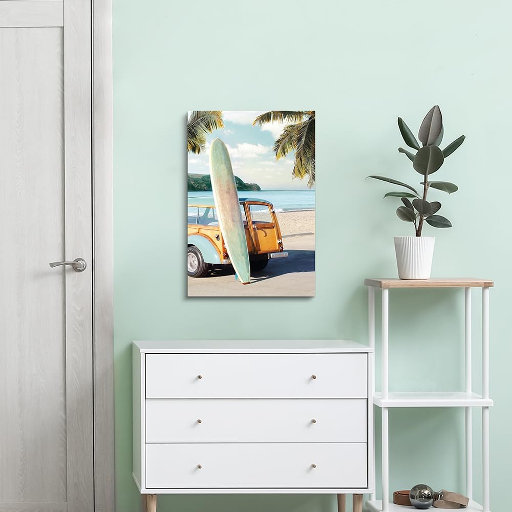 coastal wall art surfboard pictures: beach car wall decor seaside artwork surfing ocean print in beach canvas painting for bathroom 11" x 16"