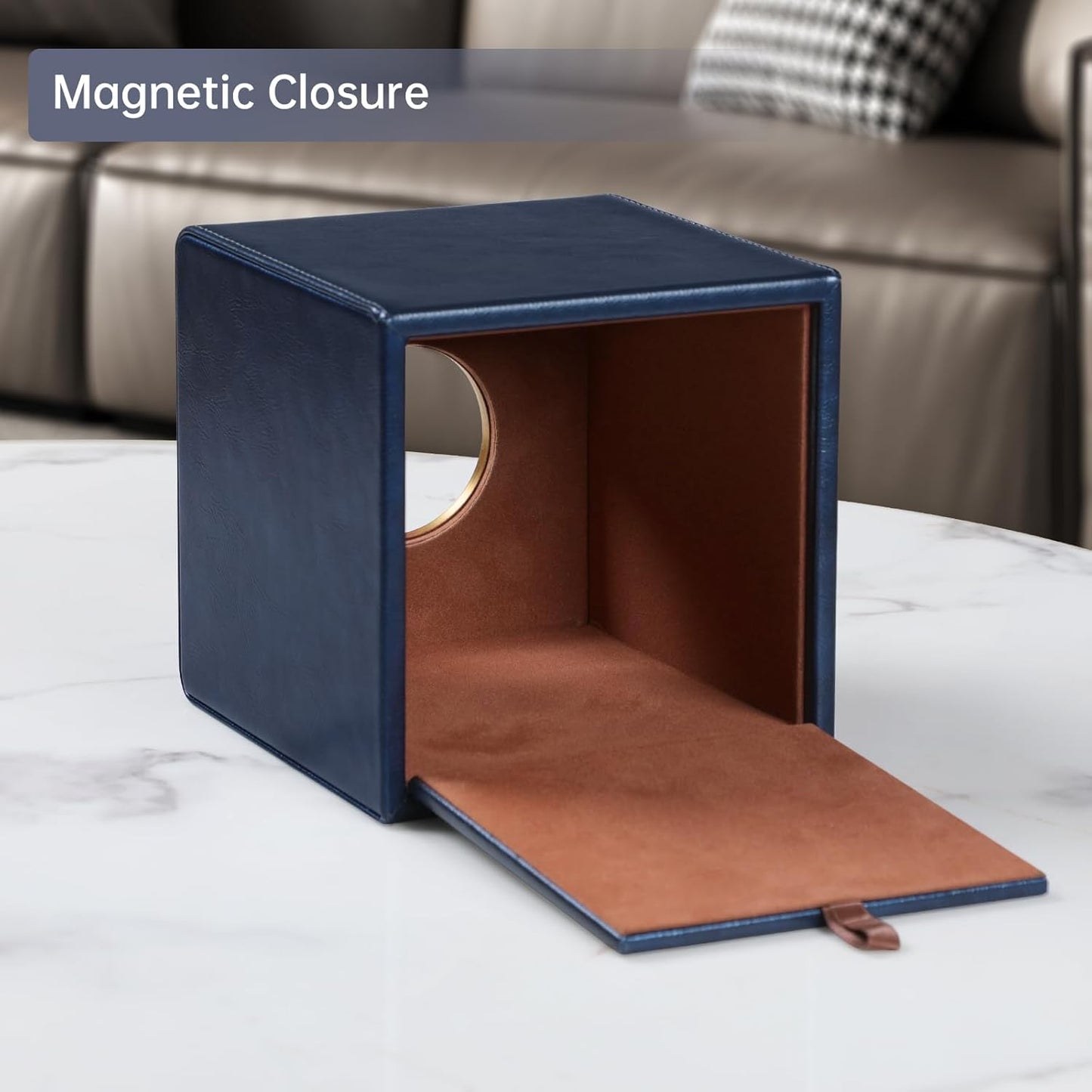 Square Tissue Box Cover, Luxury PU Leather Tissue Holder with Magnetic Closure (Navy Blue)