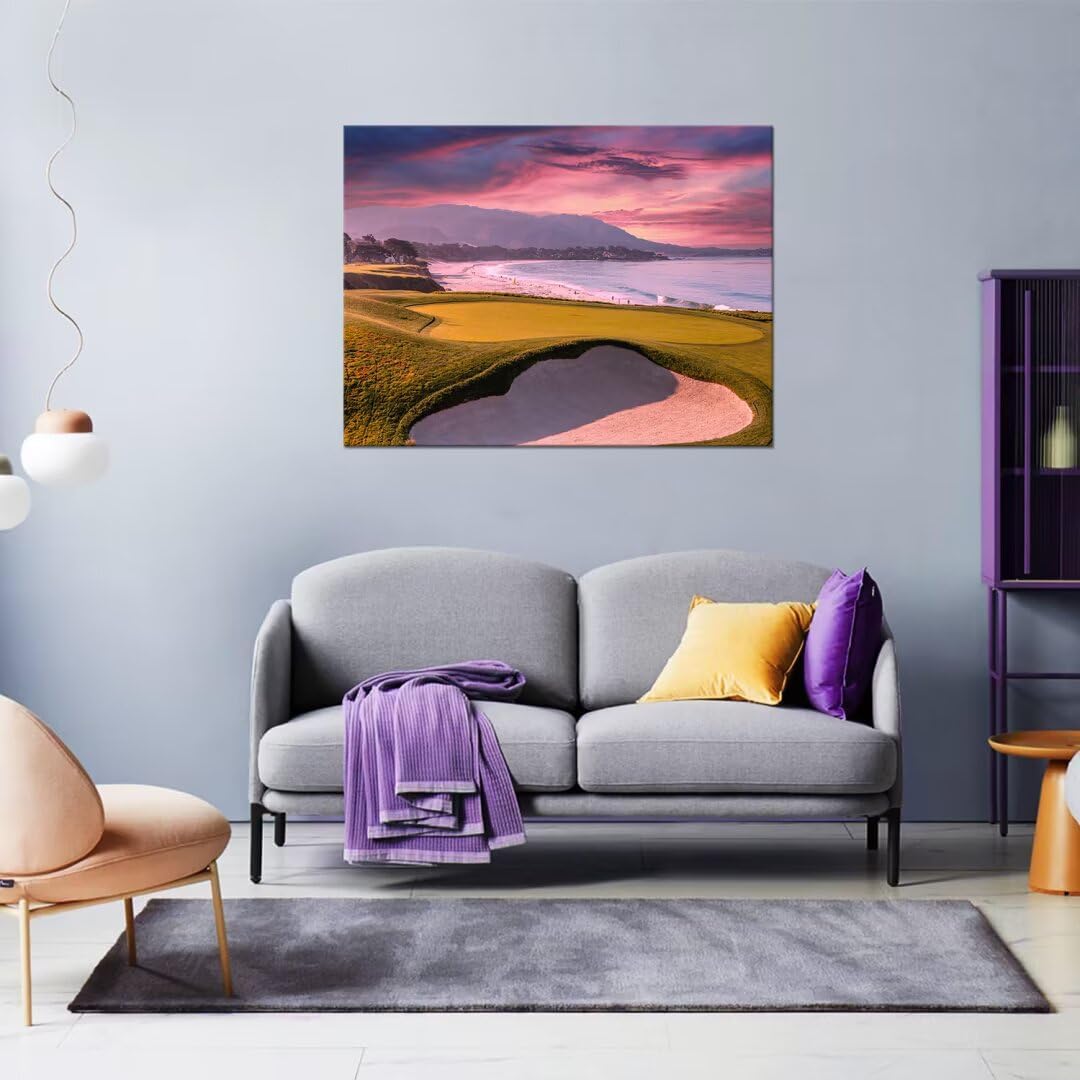 HJY Art Pebble Beach Golf Course Wall Art USA California Golf Course Wall Decor Sunset Landscape Painting Poster for Home Decor Living Room Bedroom Office Club Gym Framed Artwork (18 x 24 inch)