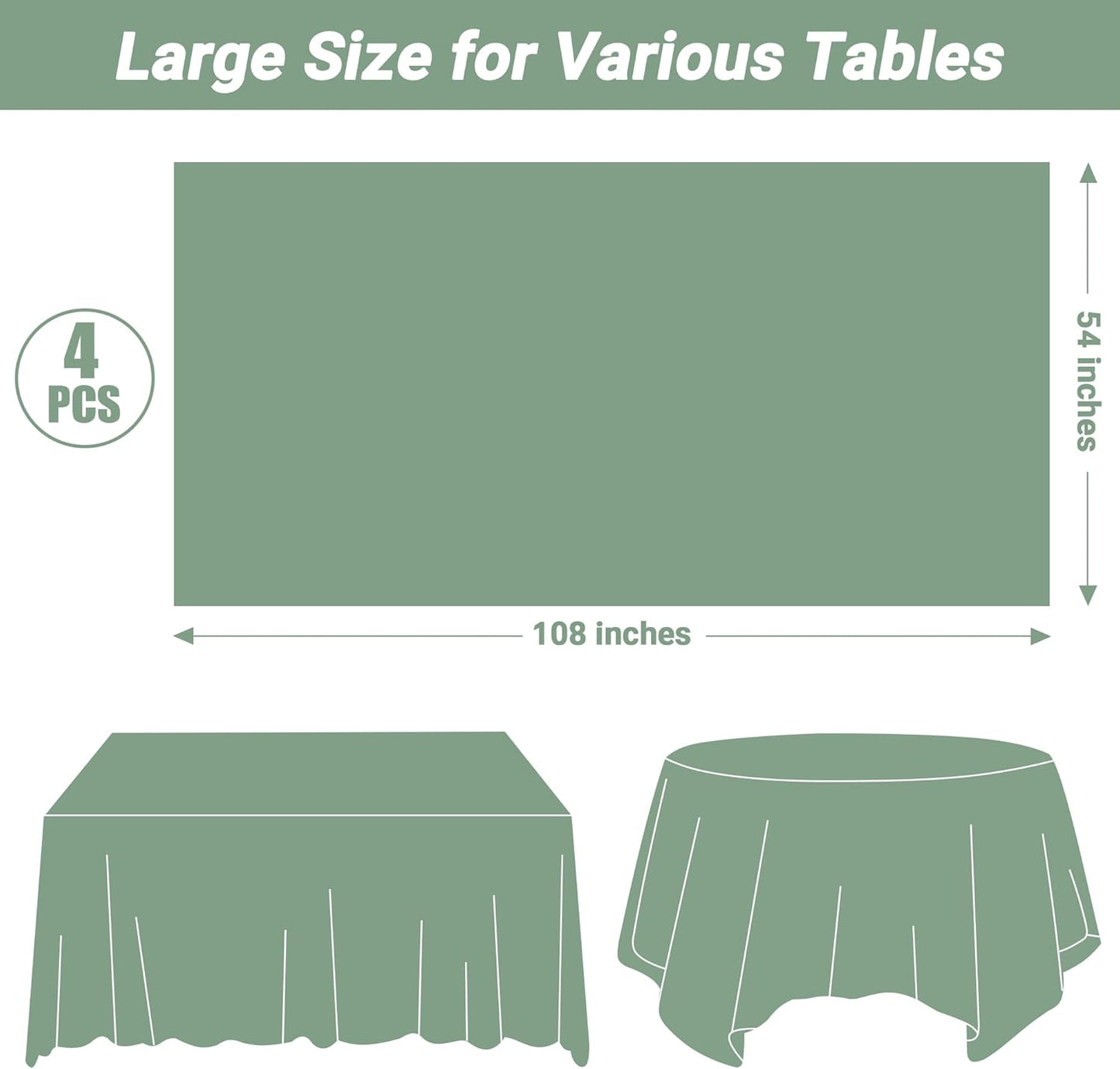 4 Pcs Picnic Table Cover, 54" X 108" Table Cloth Rectangle Table, Disposable Sagegreen Plastic Table Cover, Waterproof Tablecloths for Wedding, Baby Shower Decorations and Birthday Party Supplies