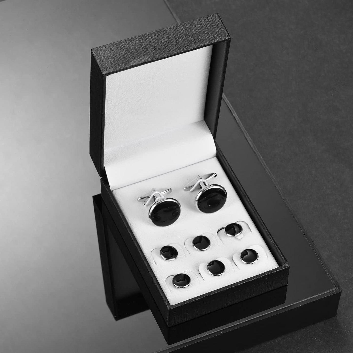 UJOY Cufflinks and Studs Set Blanks Round 4 Colors Shirt Tuxedo Buttons Packed in Cufflink Box for Men