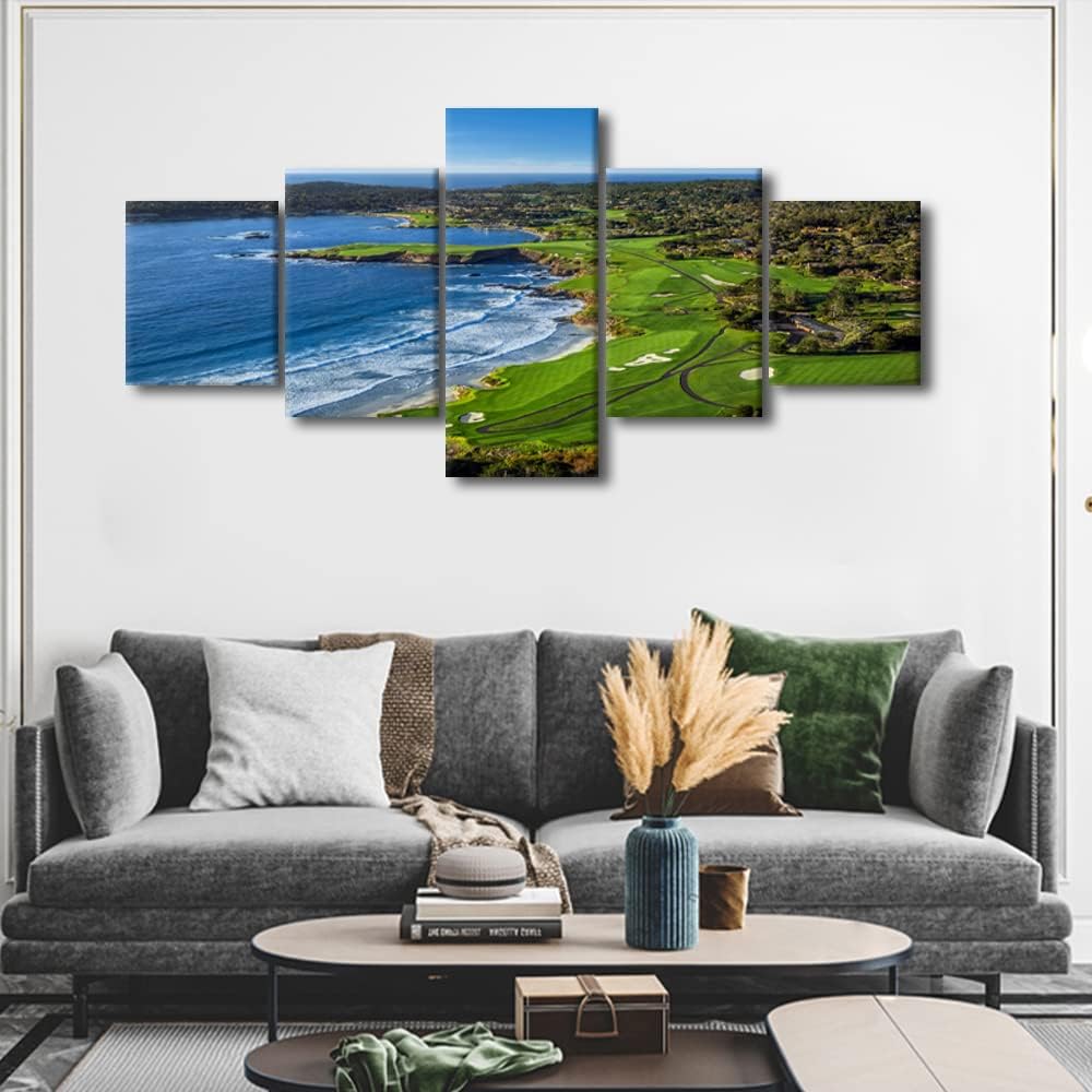 Modern Wall Art Prints and Poster Pebble Beach Golf Course Canvas Painting for Living Room Panoramic Images's Home Decor 5 Panels Gallery-wrapped Artwork Set Wooden Framed Ready to Hang(50"W x 24"H)