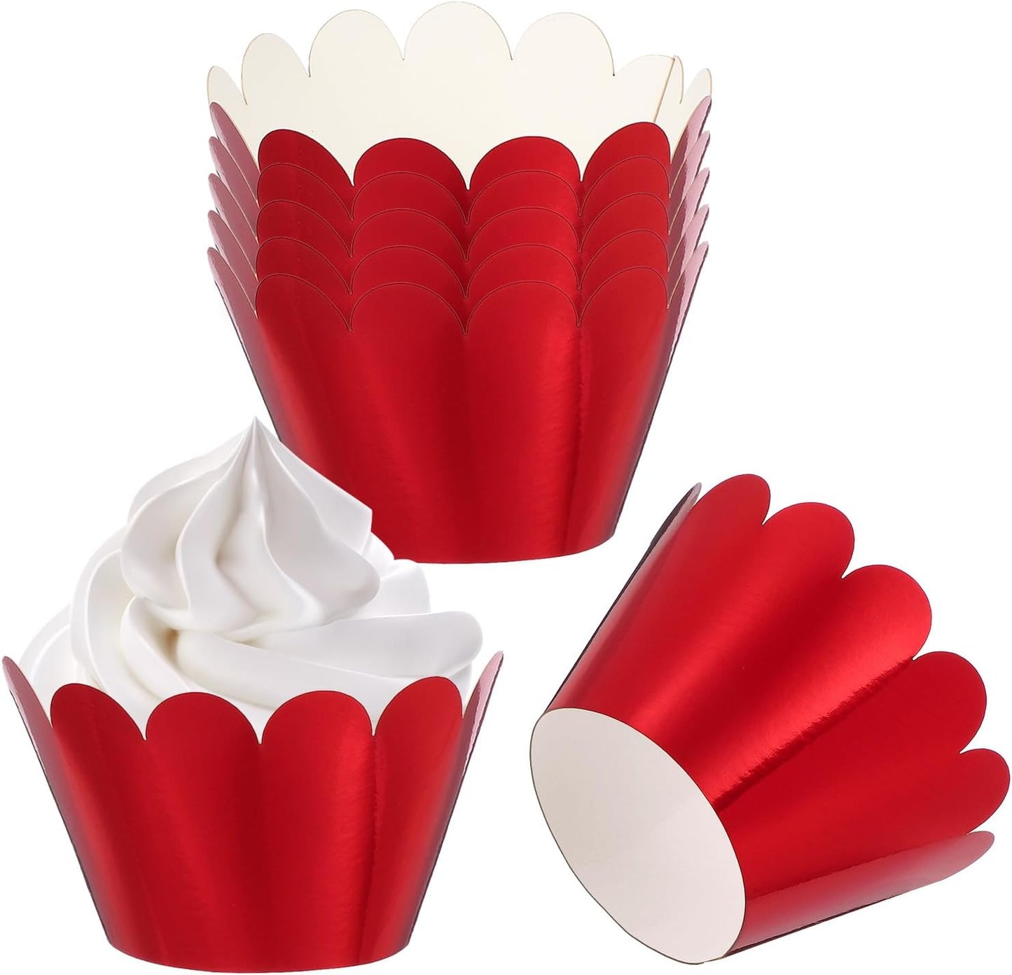PATIKIL Cupcake Wrappers Paper, 50 Pack Baking Cups Standard Wave Decoration for Anniversary Birthday Weddings and Parties, Reflective Red