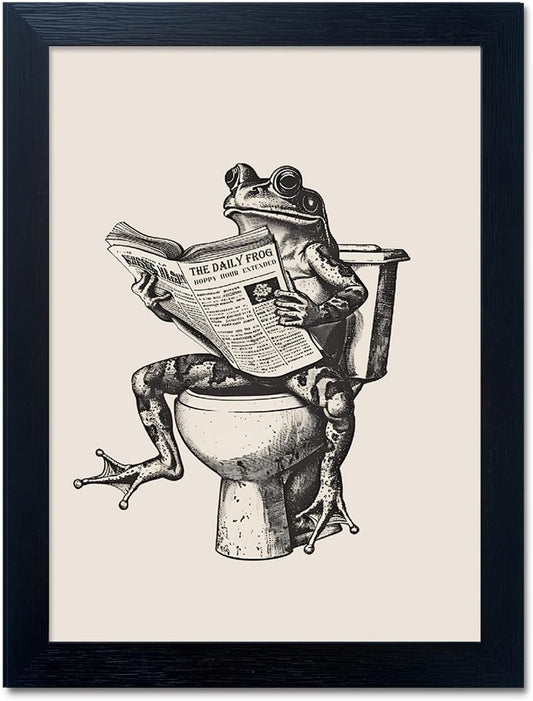 Framed Bathroom Wall Art - Funny Frog on Toilet Reading Newspaper Canvas Painting - Animal Artwork Pictures for Bathroom Decorations