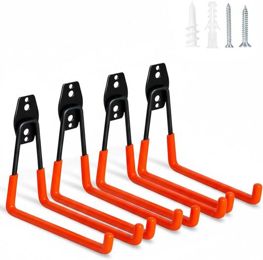 WMK Garage Hooks 4 Pack Wall Storage Hooks Heavy Duty Steel Tool Hangers for Utility Organizer, Wall Mount Holders for Garden Lawn Tools, Ladders, Bike (Orange)