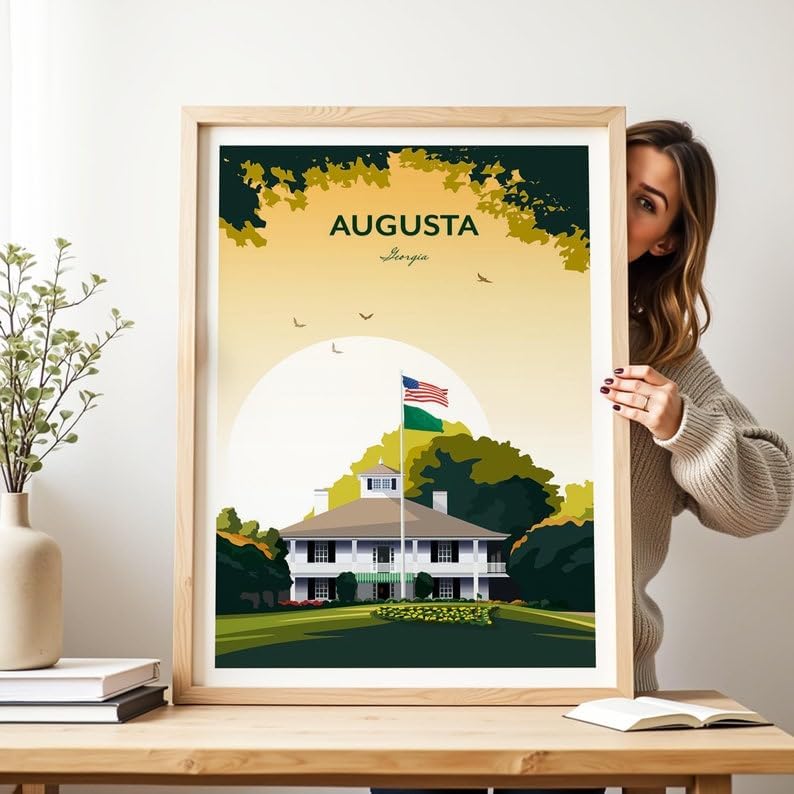Augusta Golf Print - US Masters Clubhouse, Augusta National Golf Club Poster, Masters Golf Tournament Art, Augusta Georgia Golf Print, Vintage Golf Course Illustration (Unframed) (12x18)