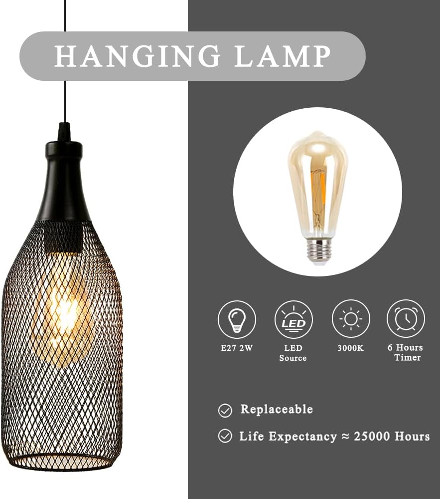 JHY DESIGN Hanging Lamp Black Battery Powered Decorative Pendant Lamp Metal Cage Battery Lamp with 6 Hours Timer for Bar Bedroom Garden Parties Patio Indoor Outdoor Living Room(Wine Bottle Shaped)