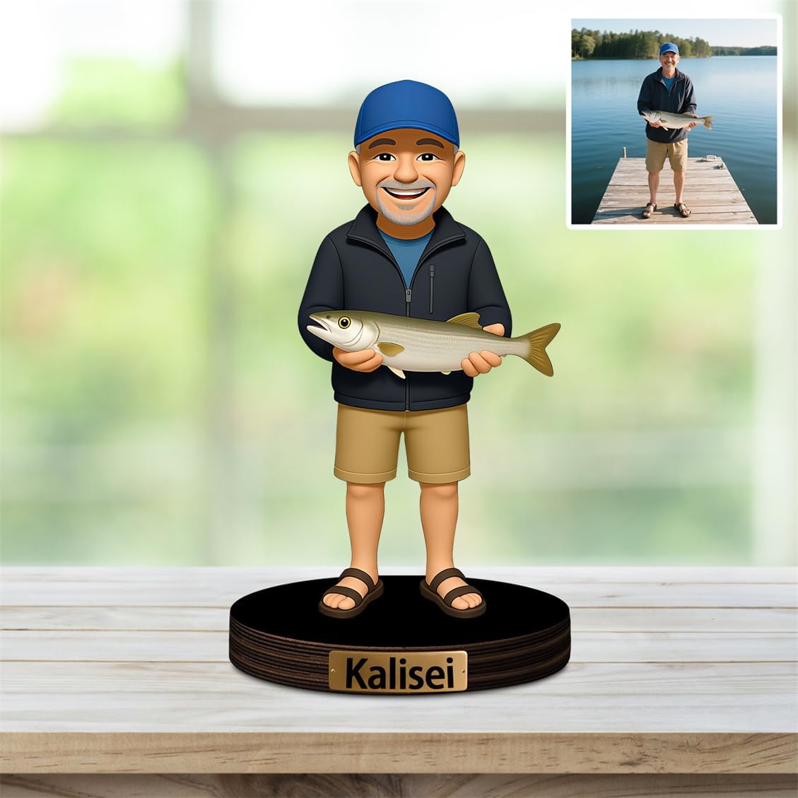 Personalized Family Photo Cartoon Desktop Ornament Custom Fisherman Portrait Figurine Plaque with Name Picture Acrylic Sculpture Desk Sign for Men Women Family Lover Christmas,04