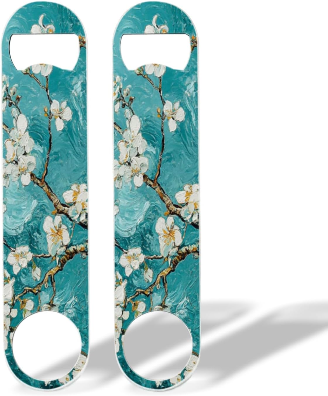 2 PACK Beer Bottle Opener, Stainless Steel Flat Bottle Openers,7 inch Metal Decor,Teal Green Almond Flowers