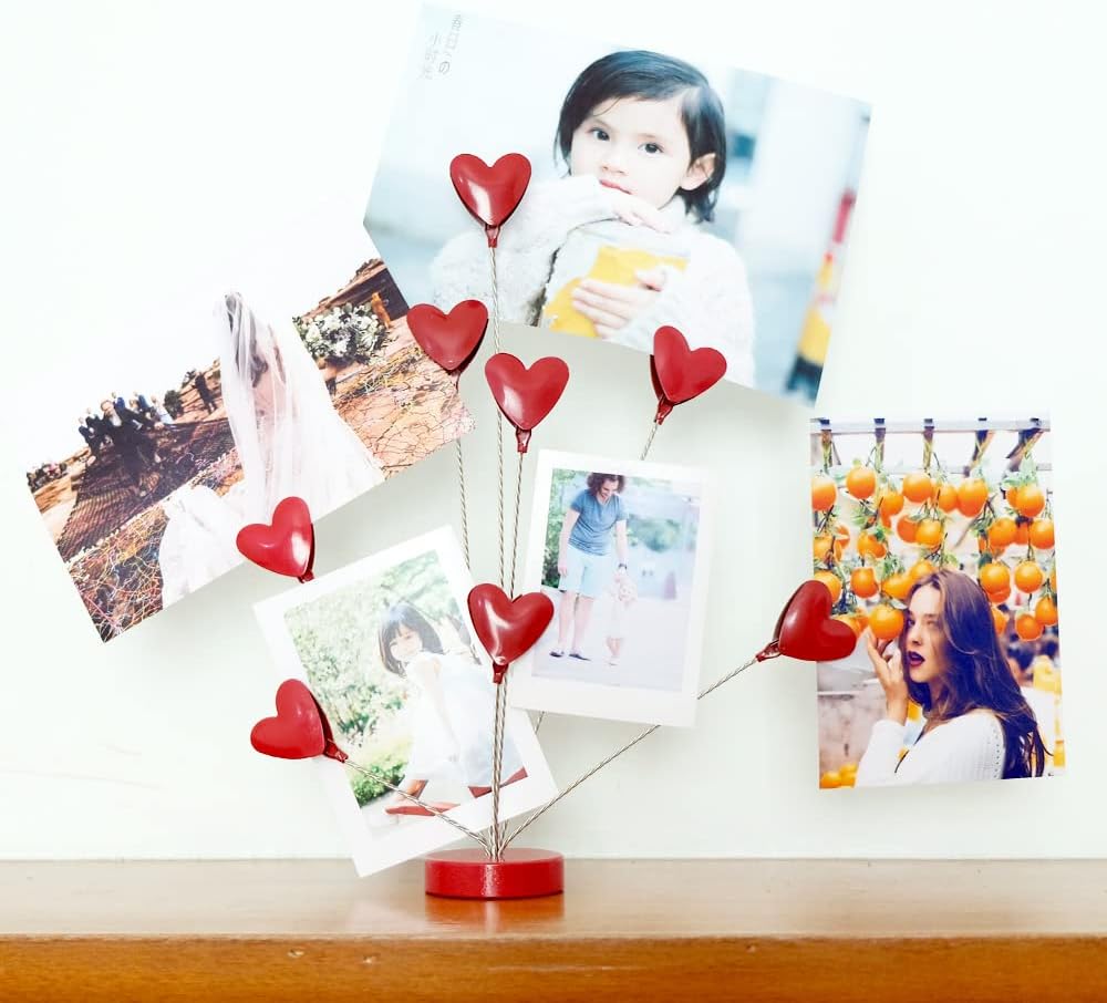 8-Branch Family Tree Picture Frame Holder, Card Photo Clips Holder Desk Stand for Memo Paper Note Photo Christmas Wedding Card Display (Red Heart)