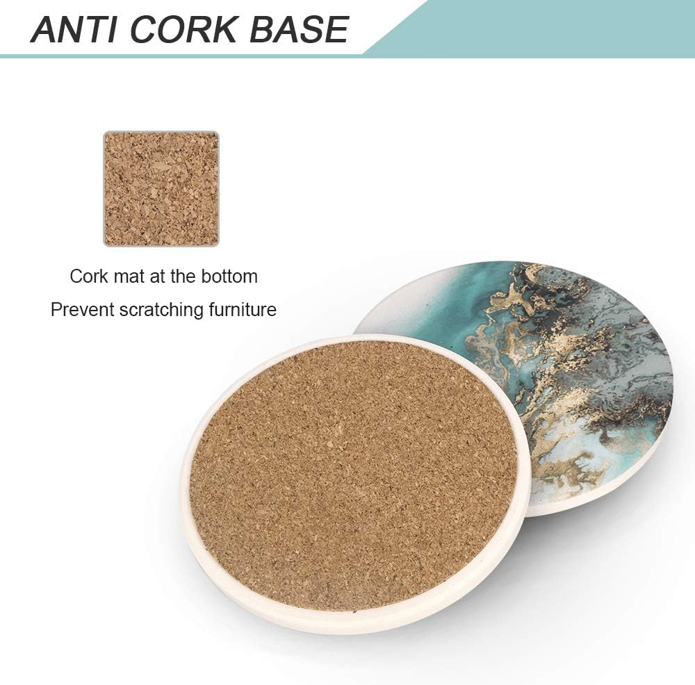 Lahome Marble Pattern Coasters - Round Drinks Absorbent Stone Coaster Set with Ceramic Stone and Cork Base for Kinds of Mugs and Cups (Blue, Set of 6)