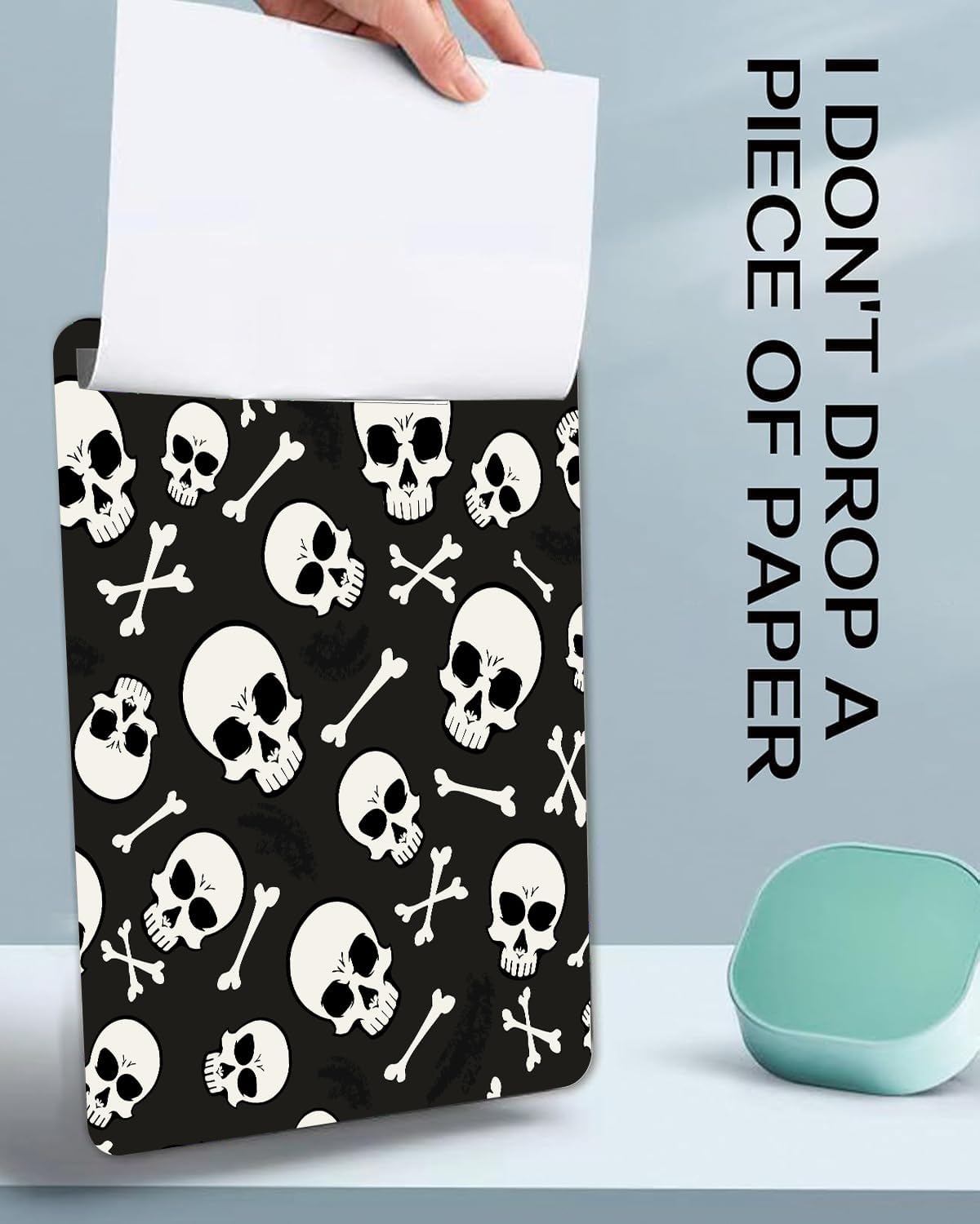 Fashion A4 Clipboard, Standard Letter Size 9" x 12.5", Decorative Wooden Clipboard with Low Profile Metal Clip for Office, School, Teachers, and Students, White Black Skull