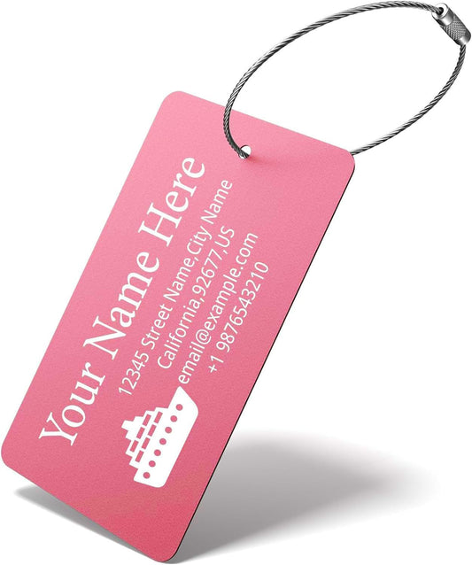 Luggage Tags for Suitcase - Pink Personalized Engraved Metal Tag for Cruise Travel - Custom Name Tags Suitable for Bags and Backpacks
