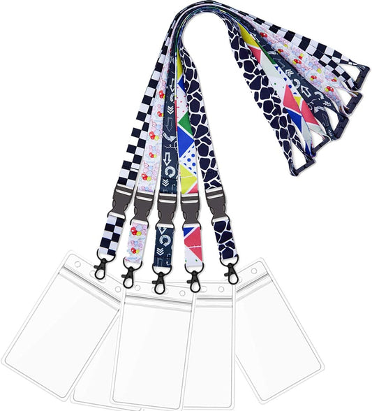AMUU 5 Pack Adjustable Cruise Lanyards Quick Release with ID Badge Holder Vertical,Neck Office Breakaway Printing Lanyard,for Women Key Kids Ship Card