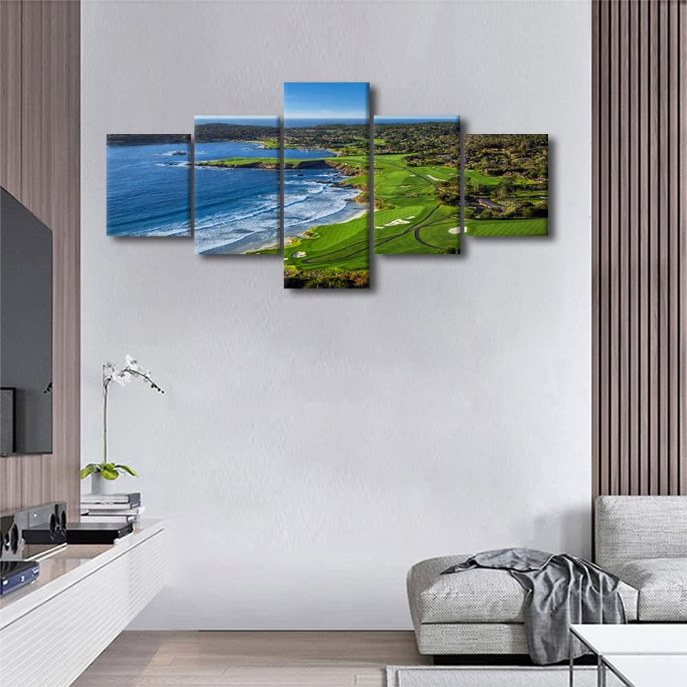 Modern Wall Art Prints and Poster Pebble Beach Golf Course Canvas Painting for Living Room Panoramic Images's Home Decor 5 Panels Gallery-wrapped Artwork Set Wooden Framed Ready to Hang(50"W x 24"H)