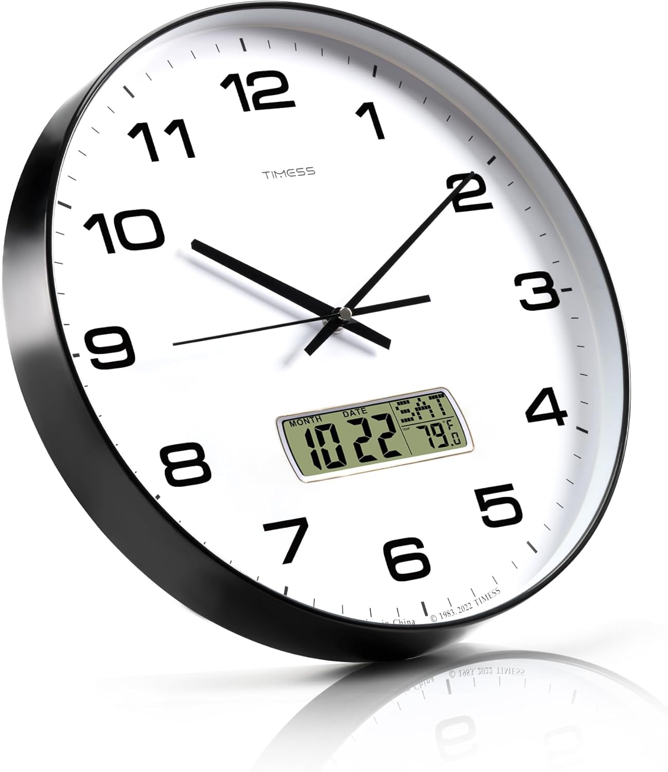 Wall Clock, 14" Large Dial Non-Ticking Silent Battery Operated Analog with LCD Display for Perpetual Calendar and F° Temperature, Ideal Modern Home, Bedroom, Office Decor (Black)